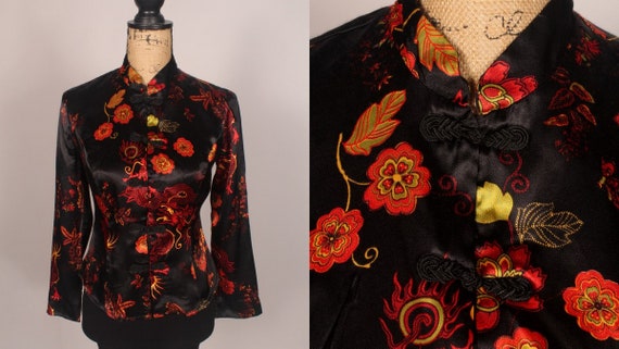 80s Top //  Vintage 80s Black Orange Satin Dragon… - image 1