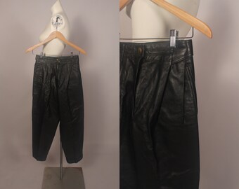 Vintage 80s Black Leather Pants by La Florens made in Italy Firenze 25" waist cuffed