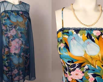 60s Slip Set //  Vintage 60s Blue Floral Print Slip & Sheer Blue Coverup by Vanity Fair Size XS