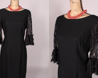60s Dress //  Vintage 60s Black Rayon Dress Lace Sleeves Size L XL 34" waist