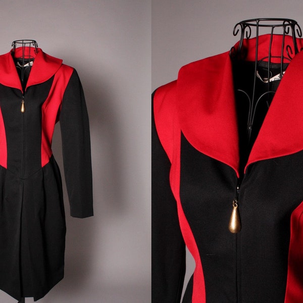 Robe des années 80 // vintage 80s Red Black Dress par Tahari Taille S M 28 » taille zip bloc de couleur avant