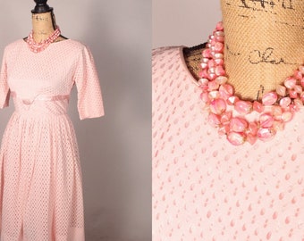 Vintage 50s Dress,  50s Pink Dress,  50s Pink Eyelet Dress,  50s Dress size S 26" waist