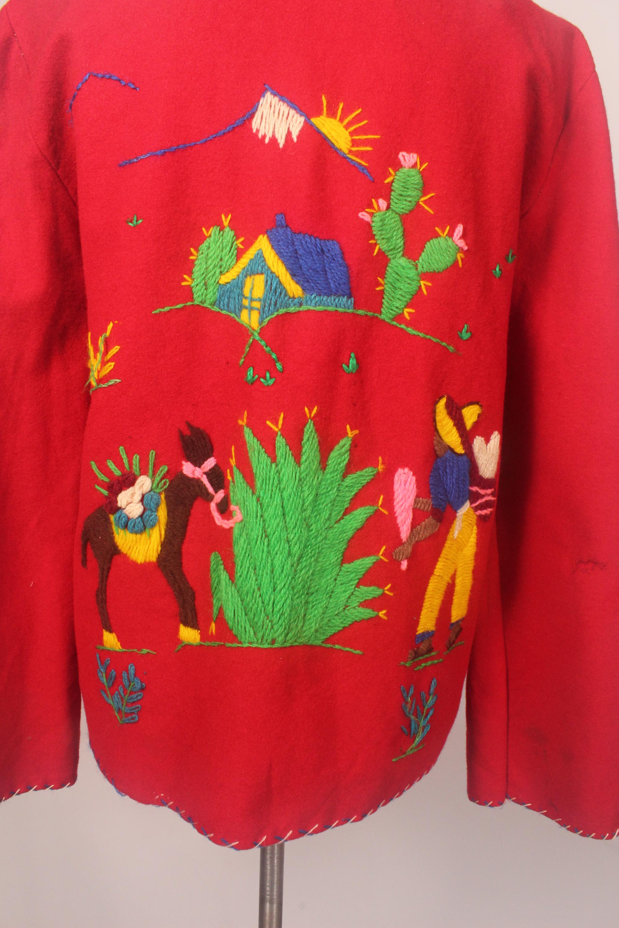 Vintage 50s Mexican Tourist Souvenir Jacket Red Wool Hand Vintage 50s Mexican Tourist Souvenir Jacket Red Wool Hand
