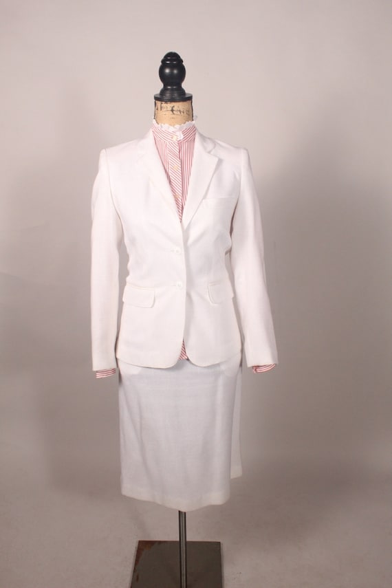 Vintage 70s 80s 3 piece Skirt Suit, White Linen S… - image 4