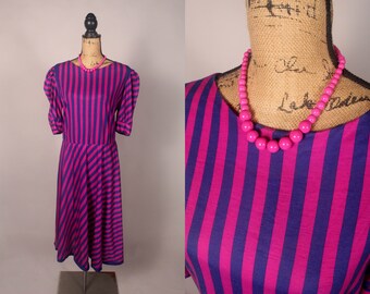 Vintage 80s Hot Pink & Blue Striped Dress by Tabby of California Size L XL 36" waist
