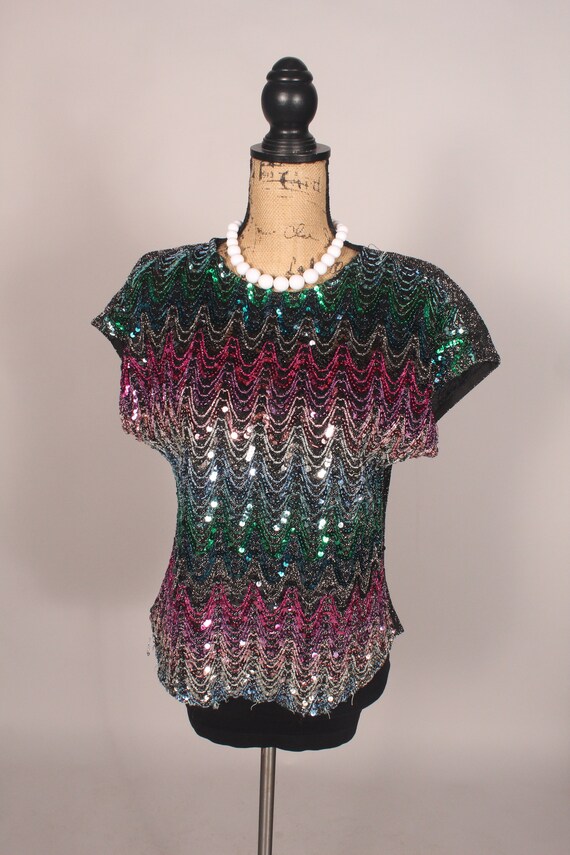 70s 80s Top //  Vintage 70s 80s Sparkly Colorful … - image 2