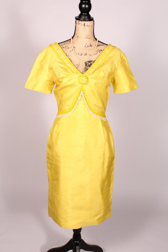 Vintage 50s 60s Yellow Silk Beaded Dress With Pearls Size M 28 