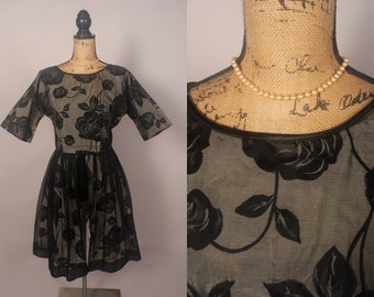 50s 60s Black and White Floral Taffeta Dress with Chiffon Overlay and Open Front Skirt~worn with leggings Size M L 30" waist