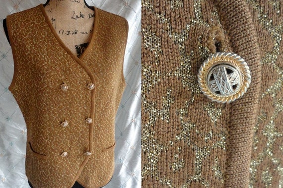 70s Vest // Vintage 70s Tan and Gold Sweater Vest