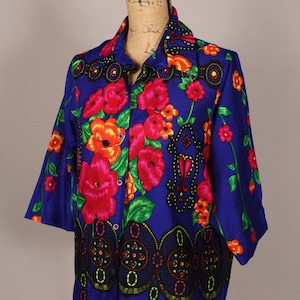 Vintage 80s Blue Pink Bright Floral Top Blouse Size L XL Toho Beslon  made in Japan acrylic muslin