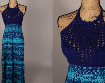 70s 80s Dress //  Vintage 70s 80s Blue Print Maxi Dress with Crochet Halter Top Size S