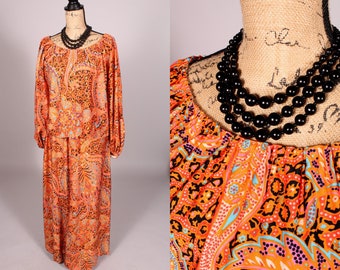 60s 70s Dress //  Vintage 60s 70s Orange Paisley Print Maxi Skirt and Matching Top Size M L jersey~wide sleeve~boho~hippie
