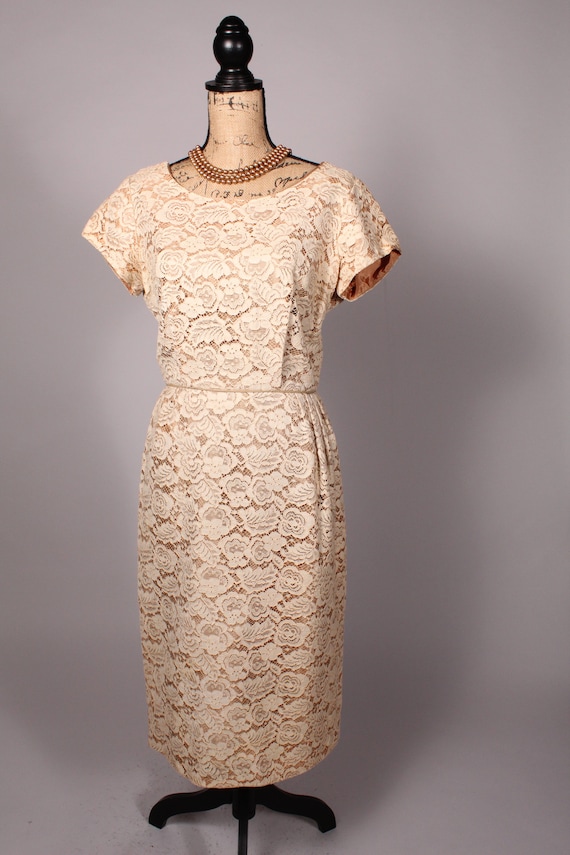 Vintage 50s Cream Tan Lace Dress Size M 29