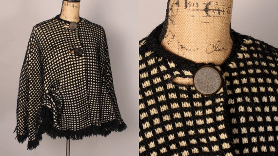 60's Cape //  Vintage 60's Black & Cream Knit Cap… - image 1