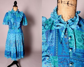 70s 80s Dress //  Vintage 70s 80s Blue Print Prairie Dress Size M L  ruffly paisley floral