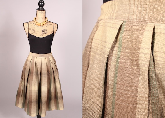 50s Skirt //  Vintage 50s 60s Tan Brown Green Pla… - image 1