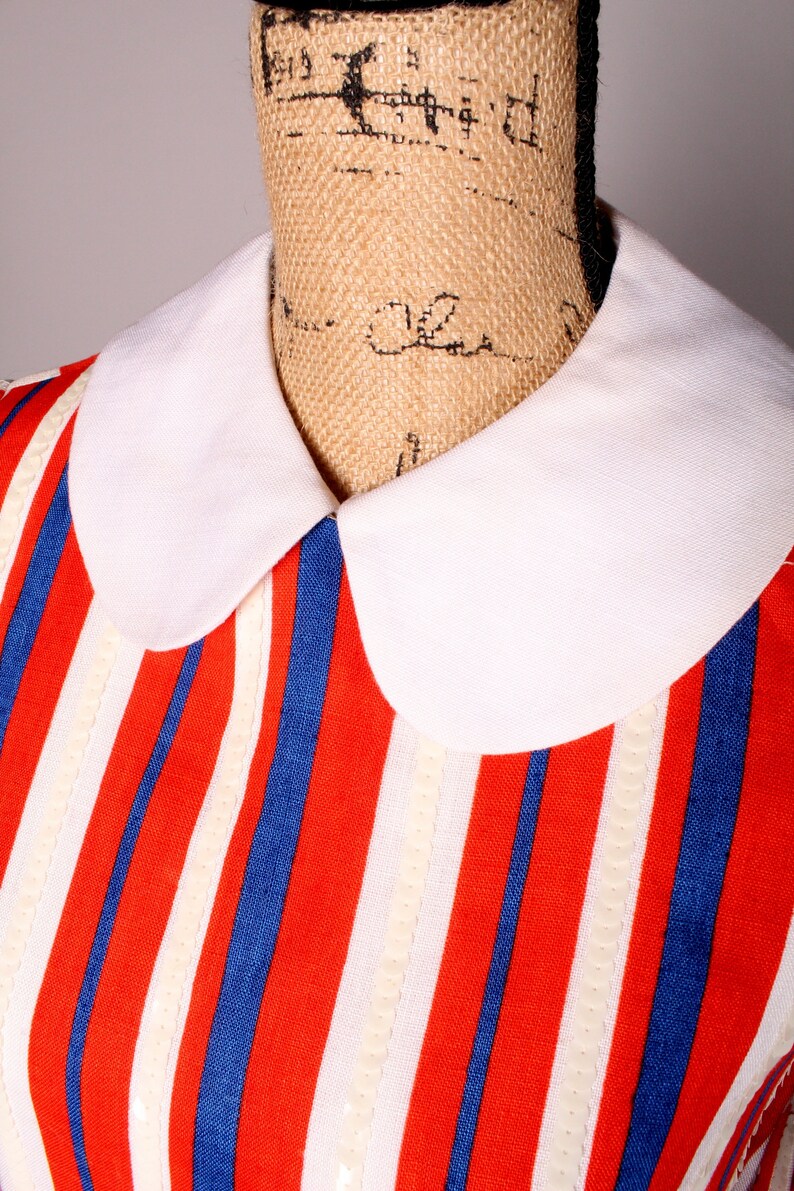 60s Dress // Vintage 60s Red White & Blue Striped Linen Dress Size M with Sequin Accents and Peter Pan Collar image 4