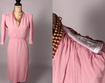 80s Dress //  Vintage 80's Rose Pink Crepe Dress by Cachet Bari Protas Size M plunge front & back beaded shoulders giant shoulder pads