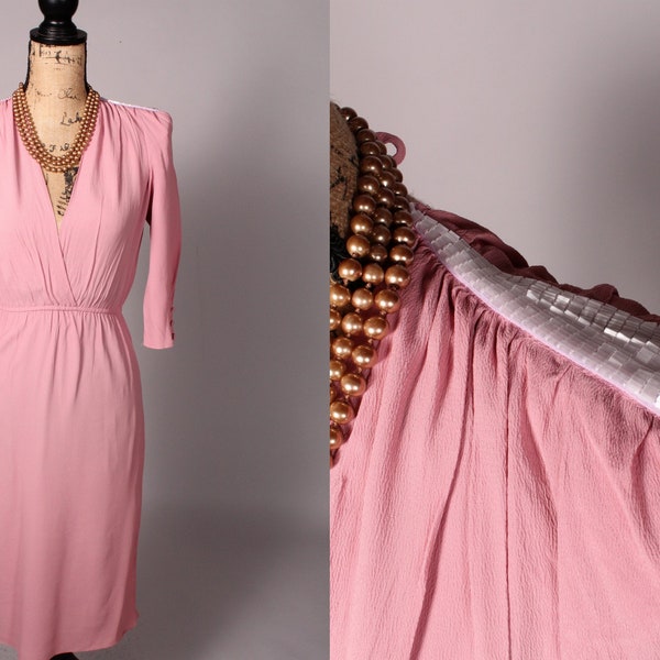 80s Dress //  Vintage 80's Rose Pink Crepe Dress by Cachet Bari Protas Size M plunge front & back beaded shoulders giant shoulder pads