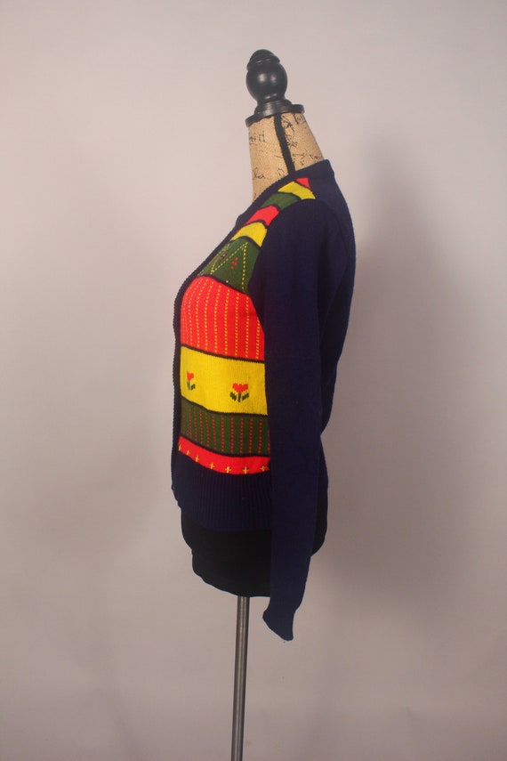 Vintage 70s 80s Blue Red Yellow Cardigan Sweater … - image 7