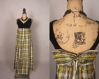 Vintage 60s Black Velvet & Green Yellow Plaid Taffeta Maxi Dress with bow Size S M handmade by Maxine Carl!