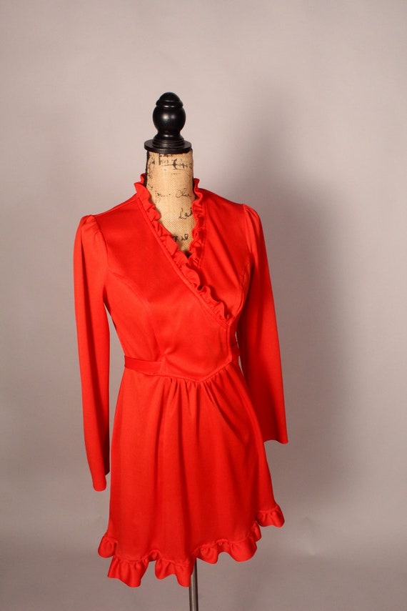 60s 70s Orange Ruffly Mini Dress, Vintage Mini Dr… - image 7