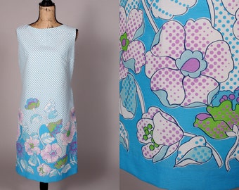 60s Dress //  Vintage 60s Blue Pop Art Dress Floral Dot by Snyder Craft California Size M L with original hangtag