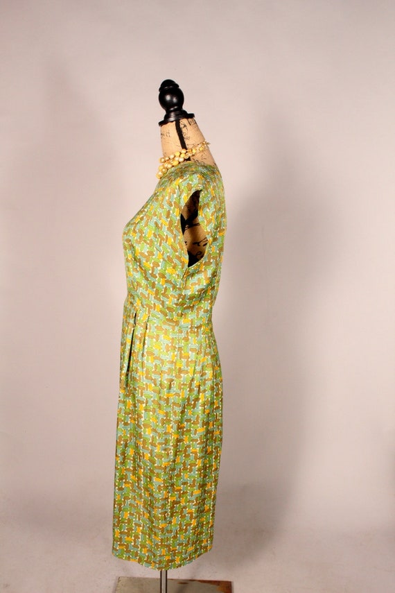 Vintage 40s 50s Dress, Green Brown Print Dress, S… - image 8