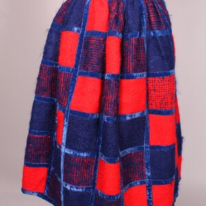 Vintage 60s Red & Blue Mohair and Velvet Patchwork Skirt Size XS 23" waist organza-lined