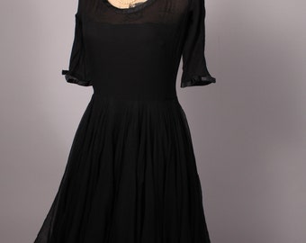 Vintage 60s Black Gauze Crepe Ballerina Dress Size M 28&quot; satin trim + multilayer skirt + asymmetrical hem