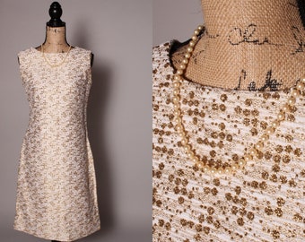 60s Dress //  Vintage 60s Ivory and Gold Dress Size M sleeveless sheath