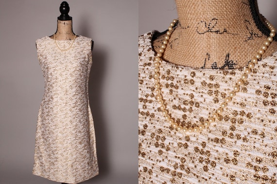 60s Dress //  Vintage 60s Ivory and Gold Dress Si… - image 1