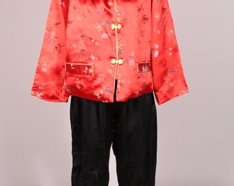 Vintage 50s Red Black Satin Asian Pajamas Jacket & Pants Set by Great Lion British Hong Kong Size M