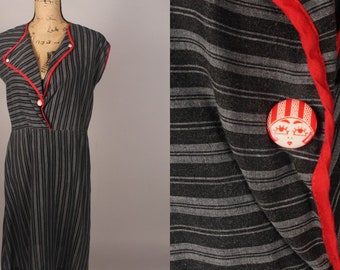 70s 80s Dress //  Vintage 70s 80s Black Gray Stripe Dress with Red Accents & one really adorable button!  by Oops California