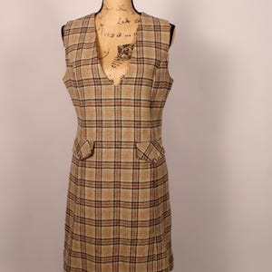 Vintage 60s Brown + Gray/Blue Plaid Sleeveless Dress by World Famous Graff Californiawear Size M L