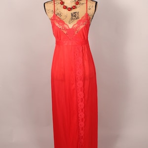 Vintage 70s 80s Red Long Nightgown with Lace Size M Montgomery Ward made in California