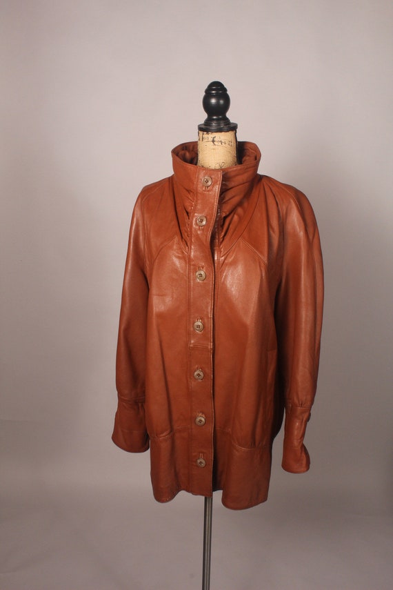 Vintage 80s 90s Caramel Brown Leather Jacket Coat… - image 4