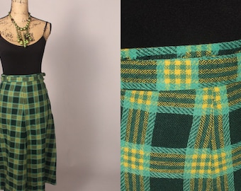Vintage 60s Green Plaid Wool Skirt, Vintage Plaid Skirt, Vintage Midi Skirt, Wool Plaid Skirt Size S 26" waist