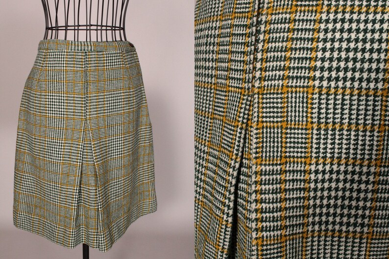 Vintage 60-tals grön rutig minikjol från Scaasi för Lortogs, storlek S, midja 64 cm bild 2