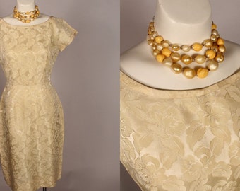 50s 60s Dress,  Vintage 50s 60s Pale Yellow Cream Jacquard Dress Size S 26" waist metal side zipper