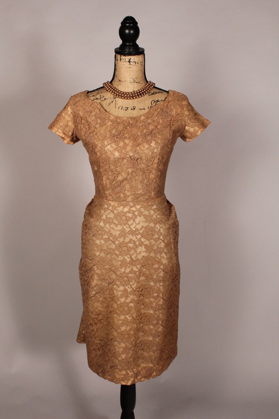50s 60s Dress //  Vintage 50s 60s Tan Taupe Lace … - image 2
