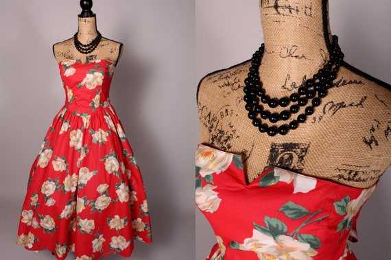 80s Dress // Vintage 80s Red Floral Print Straple
