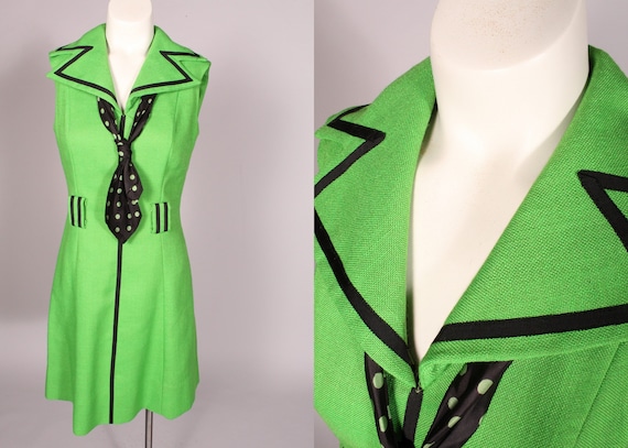 60s Dress //  Vintage 60s Lime Green & Black Line… - image 1