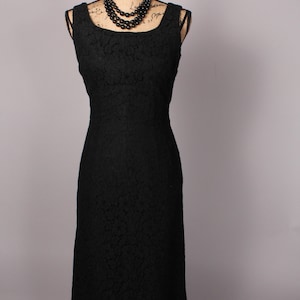 Vintage 50s 60s Black Floral Lace Cocktail Dress by Miss Elliette Size M 29&quot; waist formfitting sleeveless stunning