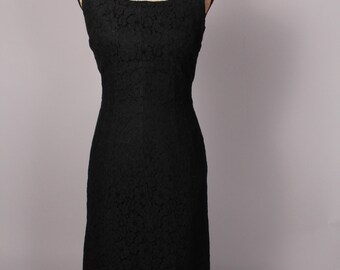 Vintage 50s 60s Black Floral Lace Cocktail Dress by Miss Elliette Size M 29&quot; waist formfitting sleeveless stunning
