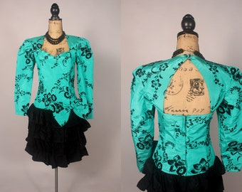 Vintage 80s Green Black Flocked Taffeta Prom Dress by Roberta Califrnia Size M 29" waist sexy back