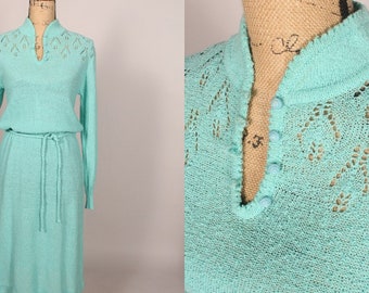 80s Dress //  Vintage 80s Mint Green Aqua Blue Knit Dress by Express with belt crochet sweater Size M