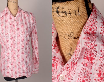70s Shirt //  Vintage 70s Pink White Floral Shirt by Kingsmen California button down