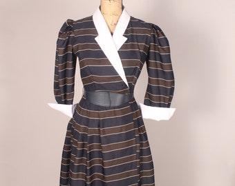 Blue and Brown Striped Midi Dress: Long Sleeve Jersey Knit With Pockets
