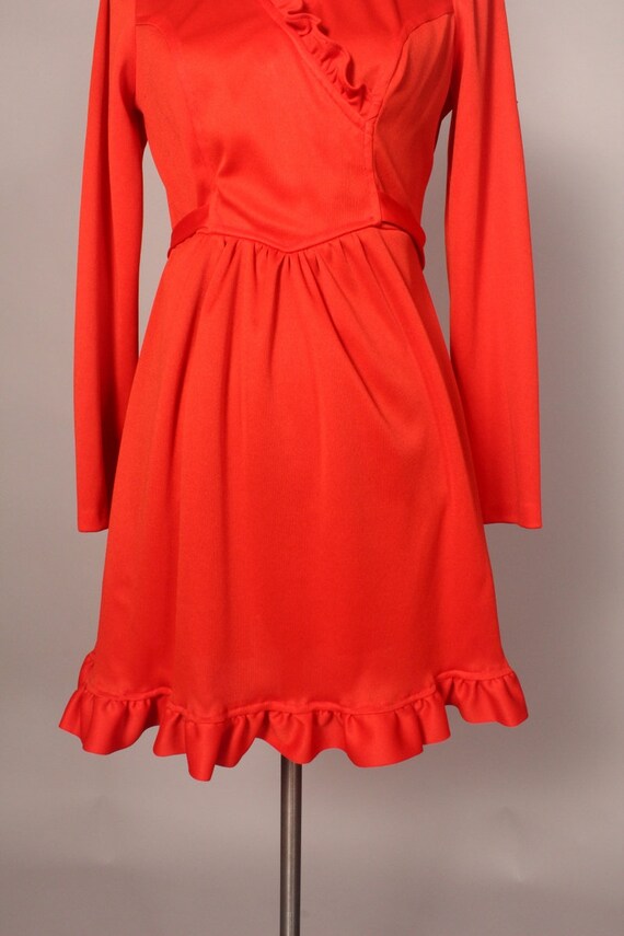 60s 70s Orange Ruffly Mini Dress, Vintage Mini Dr… - image 4